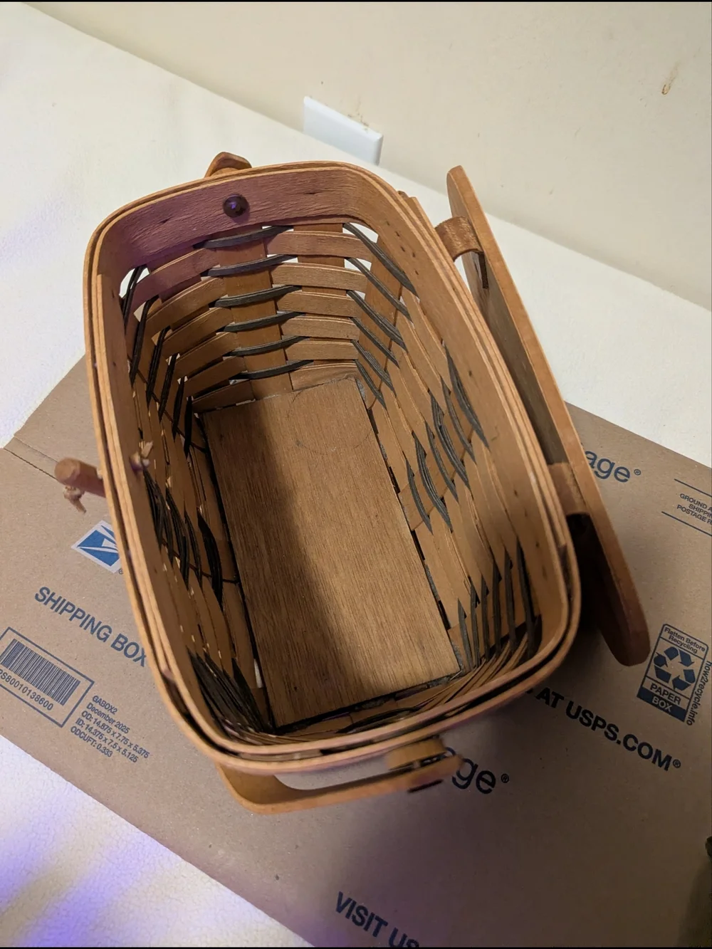 Vintage 1990 Longaberger Woven Wood Basket with Lid & Handle• Signed Dresden OH